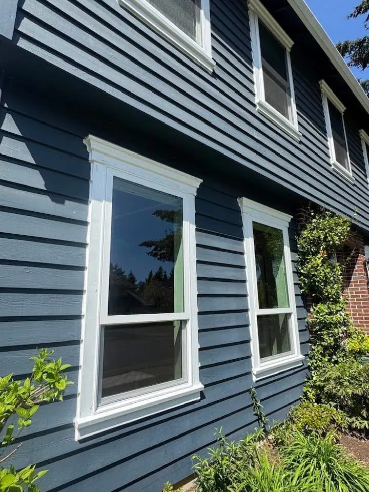 Navy lap siding around new white double-hung windows